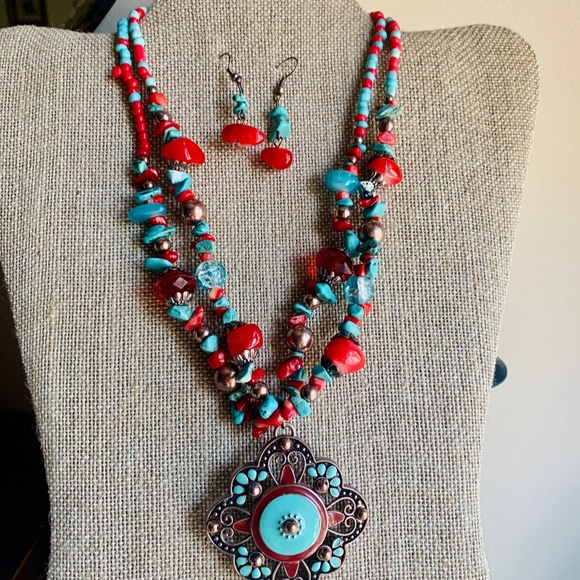 Gem & Enamel Pendant Necklace & Earring Set - Festival Wear Hippie - Boho Set - Picture 10 of 14